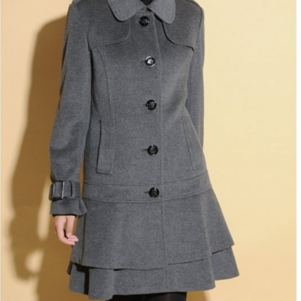 Guess Grey Ruffled Layer Hem Wool Blend Button Down Belted Cuff Pea Coat